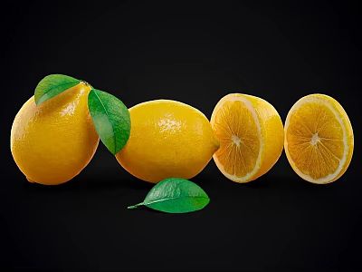 Fresh Lemons With Whole And Sliced Pieces On Black Background With Green Leaves 3d model