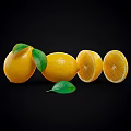 Fresh Lemons With Whole And Sliced Pieces On Black Background With Green Leaves
