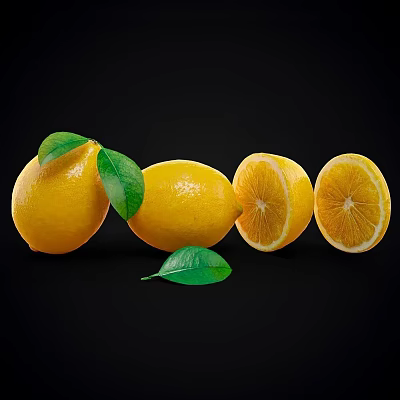 Fresh Lemons With Whole And Sliced Pieces On Black Background With Green Leaves 3d model
