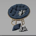 Blue Round Rattan Frame Chair With Tufted Cushion And Striped Pillows
