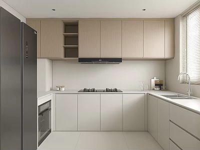 Modern Minimalist Kitchen Interior With Light Wood Cabinets Gray Refrigerator And White Countertop 3d model