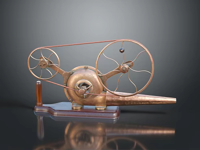Vintage Industrial Equipment With Copper Wheels Gears Wooden Base And Mechanical Structure 3d model