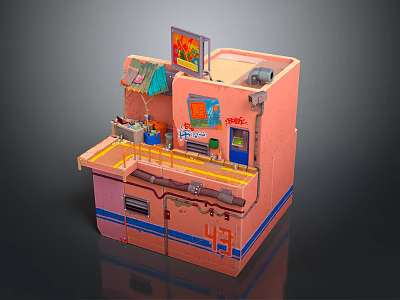 Cartoon Pink Building Scene With Small Shop Counter Platform Signboard And Decorations 3d model