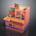 Cartoon Pink Building Scene With Small Shop Counter Platform Signboard And Decorations