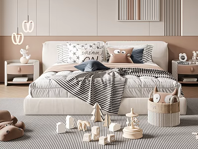Cozy Kids Bed with Soft Pillows Striped Blanket Stuffed Toys and Building Blocks on Rug 3d model
