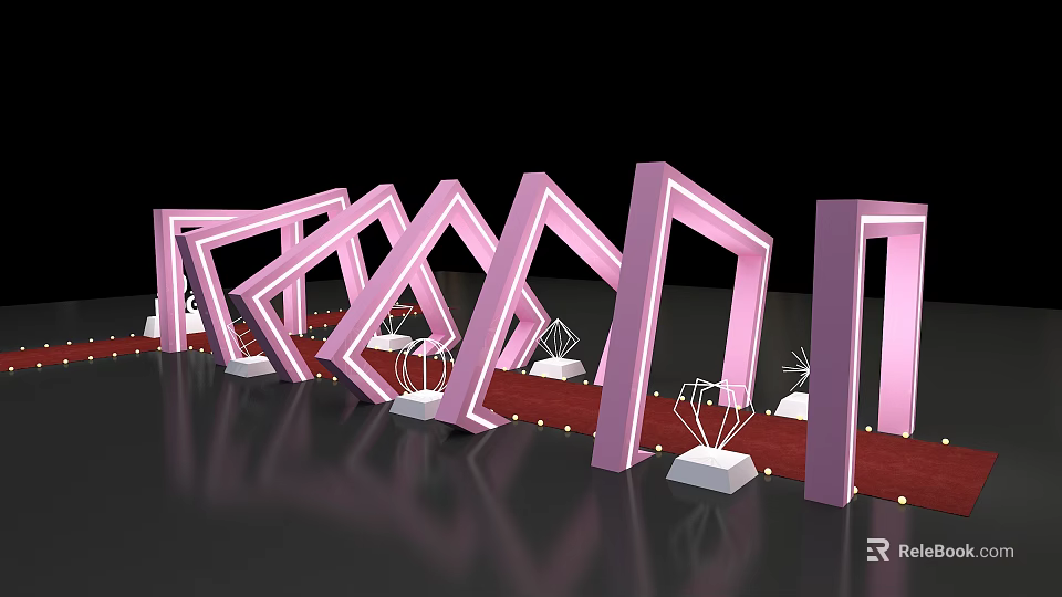 Pink Arch Event Entrance With LED Strip Lights Red Carpet And White Base Decorations 3d model 