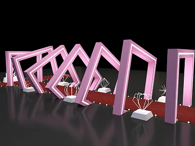 Pink Arch Event Entrance With LED Strip Lights Red Carpet And White Base Decorations 3d model
