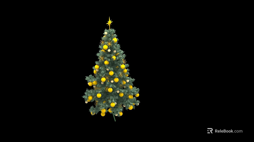 Christmas Tree Sculpture Carving With Green Foliage Yellow Ornaments And Star Top 3d model 