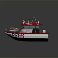 Red White SAR Rescue Boat With Railing Lifesaving Rings And Cross Logo On Blue Water