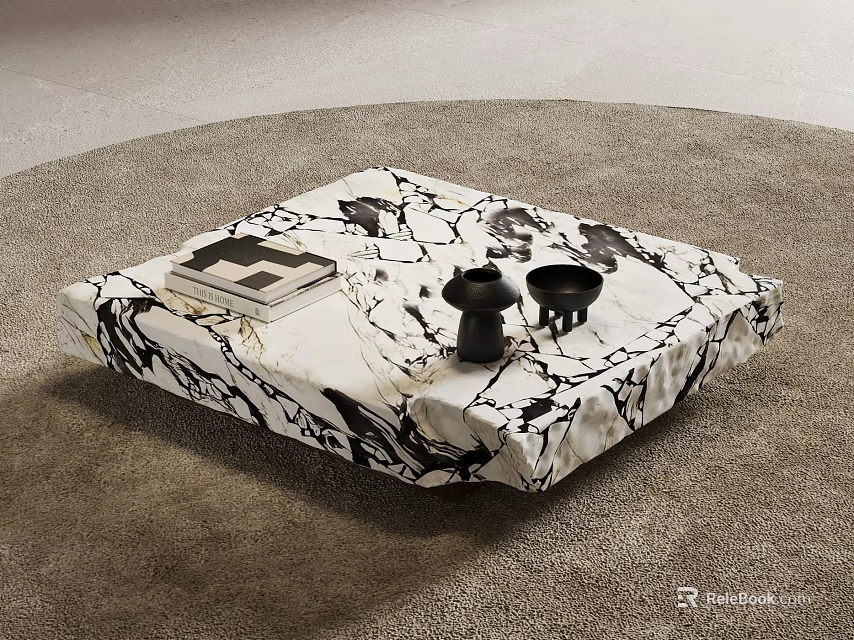 Marble Coffee Table with Black White Pattern and Two Black Cups Book on Gray Carpet 3d model
