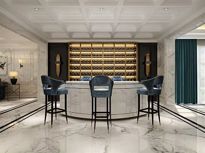 Elegant Modern Bar Area Interior With Marble Counter And Blue Bar Stools 3d model