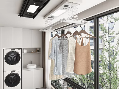 Clothes Hanger with Hanging Clothes in Modern Laundry Room Featuring Washing Machines and White Cabinets 3d model