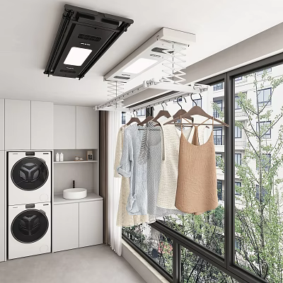 Clothes Hanger with Hanging Clothes in Modern Laundry Room Featuring Washing Machines and White Cabinets 3d model