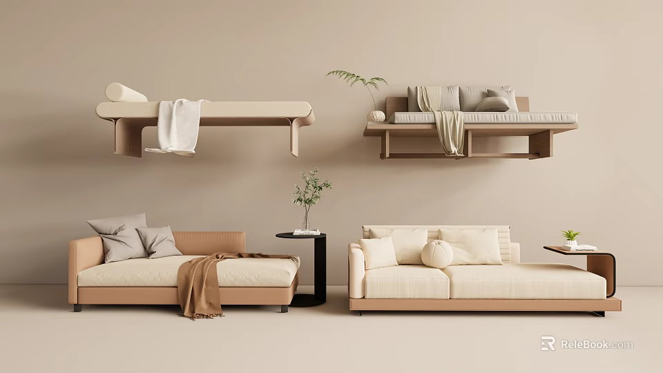 Elegant Beige Chaise Lounge In Modern Living Room With Soft Cushions And Green Plant Decor 3d model 