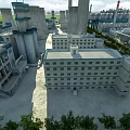 Large Industrial Factory Building With Concrete Structures Storage Tanks And Green Trees
