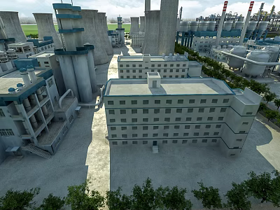 Large Industrial Factory Building With Concrete Structures Storage Tanks And Green Trees 3d model