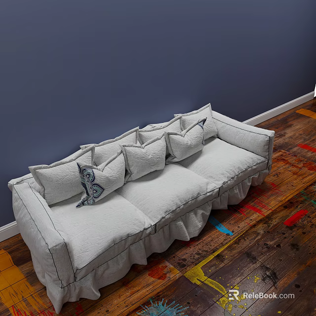 Light Gray Three Seater Sofa with Decorative Pillows and Ruched Edges Against Dark Blue Wall 3d model 