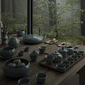 Elegant Ceramic Tea Set With Teapot Teacups And Wooden Tray Against Natural Scenery