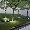 Karesansui Landscape Garden With Trimmed Hedges Black Gravel Path And Round Lanterns
