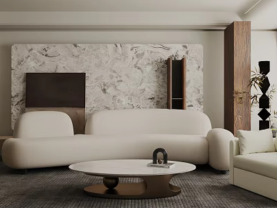Modern Living Room Interior With Cream Sofa Round Coffee Table Marble Wall And Wooden Accents 3d model