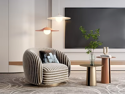 Stylish Striped Single Sofa With Side Table Green Plant TV And Pendant Lights 3d model