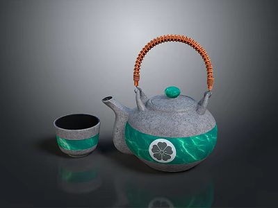 Gray And Green Tea Set With Woven Orange Handle Teapot Decorative Pattern And Matching Teacup 3d model