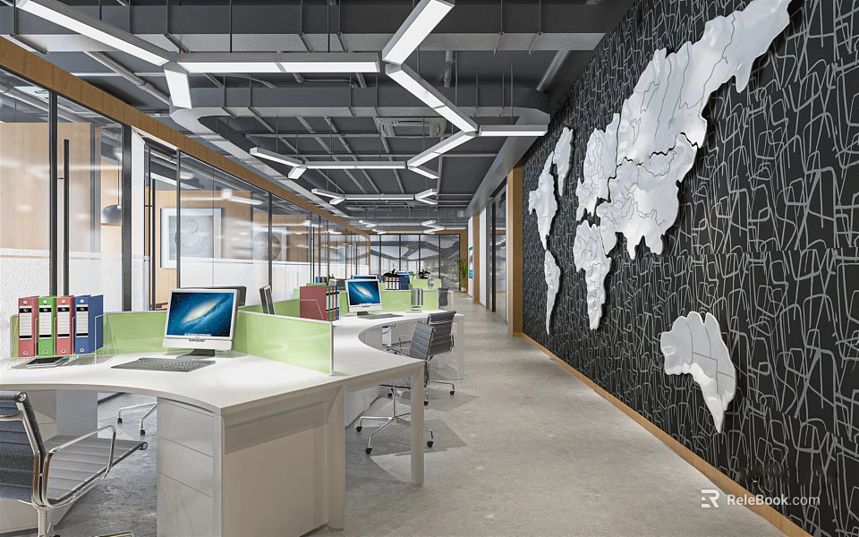 Modern Public Office Space With Workstations Computers And World Map Wall Decor 3d model