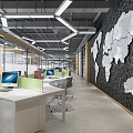 Modern Public Office Space With Workstations Computers And World Map Wall Decor 3d model