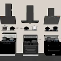 Modern Kitchen Appliances Display Featuring Different Styles Range Hoods And Stoves 3d model
