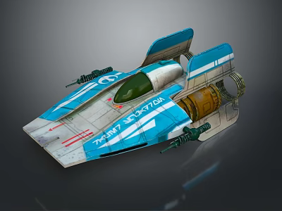 Blue And White Republic Spaceship Model With Green Cockpit Yellow Engine And Twin Turrets 3d model