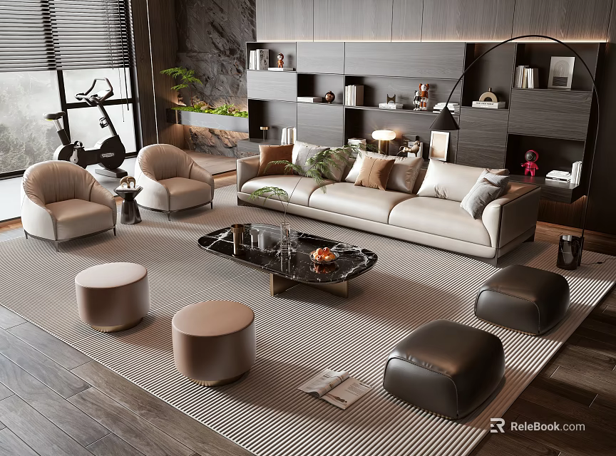 Modern Living Room Beige Sofa and Black Coffee Table Set with Armchairs Ottomans and Rug 3d model 