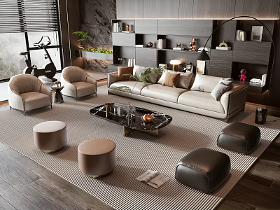 Modern Living Room Beige Sofa and Black Coffee Table Set with Armchairs Ottomans and Rug 3d model