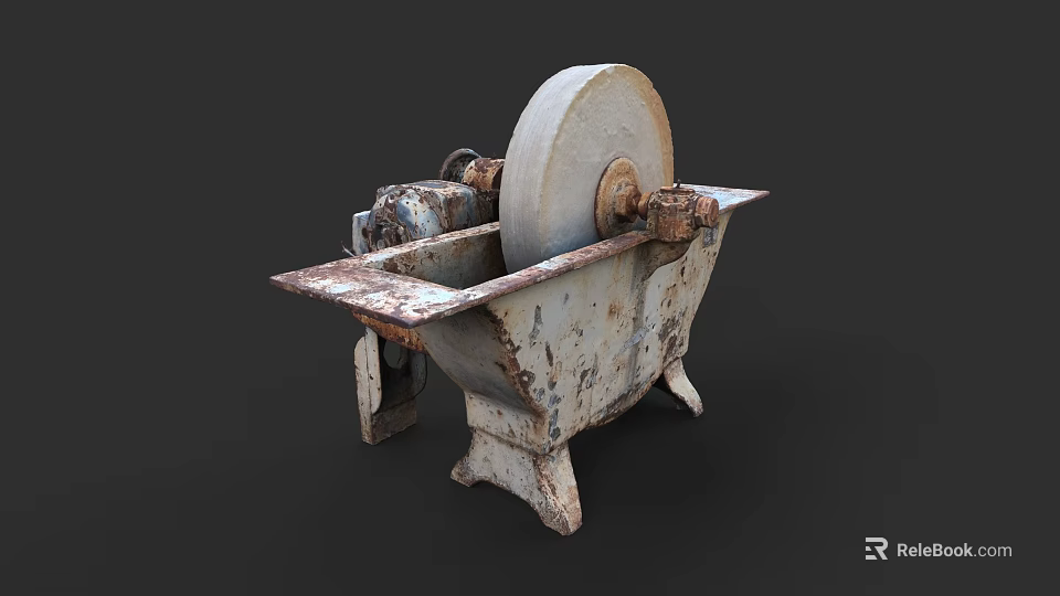 Vintage Commercial Grinding Equipment with Large Wheel Metal Base and Rusty Surface 3d model 