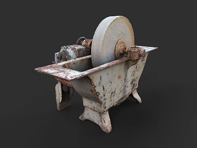 Vintage Commercial Grinding Equipment with Large Wheel Metal Base and Rusty Surface 3d model