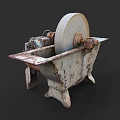 Vintage Commercial Grinding Equipment with Large Wheel Metal Base and Rusty Surface