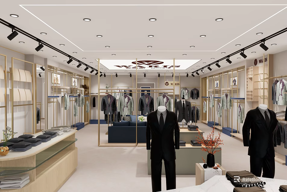 Stylish Men's Clothing Store Interior With Suits Mannequins Display Racks And Lighting 3d model 
