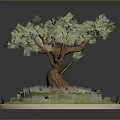 Bonsai Tree With Brown Trunk Green Leaves And Grass Around Stone Wall On Circular Base
