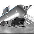 Cylindrical Object Featuring Red Top Silver Body White Light Strips Rocks And Metal Stairs 3d model