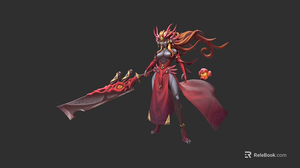 Fantasy Female Character with Red Long Hair Red Robe Holding Large Decorative Weapon Golden Accents 3d model 