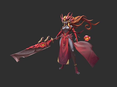 Fantasy Female Character with Red Long Hair Red Robe Holding Large Decorative Weapon Golden Accents 3d model
