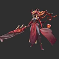 Fantasy Female Character with Red Long Hair Red Robe Holding Large Decorative Weapon Golden Accents