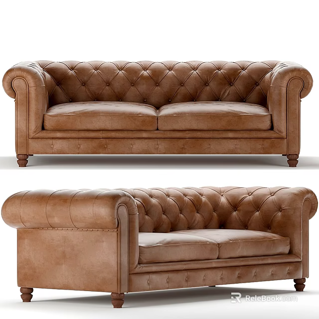 Elegant Brown Leather Sofa Featuring Tufted Back Details And Rolled Arms 3d model 