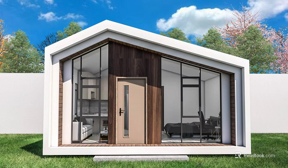 Modern Detached Villa With Large Glass Windows Wooden Exterior And Green Lawn 3d model 