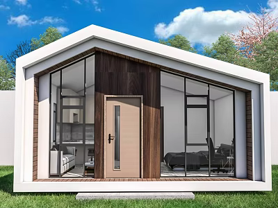 Modern Detached Villa With Large Glass Windows Wooden Exterior And Green Lawn 3d model