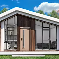 Modern Detached Villa With Large Glass Windows Wooden Exterior And Green Lawn
