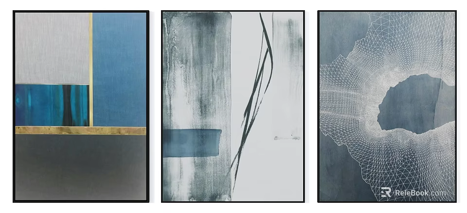 Modern Abstract Wall Art Paintings Featuring Blue Gray White Tones And Black Frames 3d model