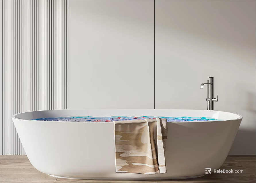Modern White Freestanding Bathtub with Wooden Towel and Chrome Faucet Against Light Colored Wall 3d model 