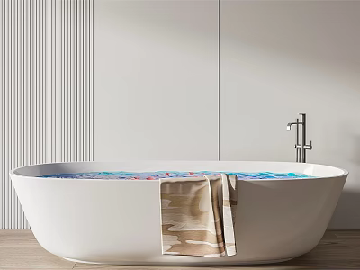 Modern White Freestanding Bathtub with Wooden Towel and Chrome Faucet Against Light Colored Wall 3d model