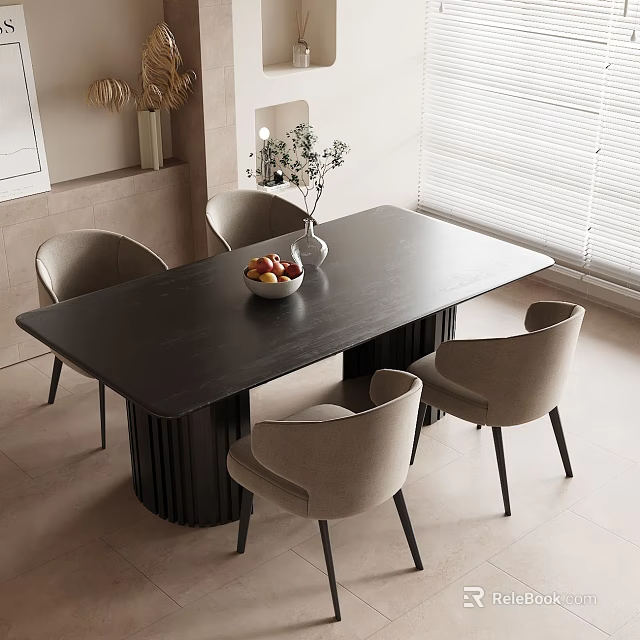 Modern Dark Dining Table Set With Four Light Gray Chairs Fruit Bowl And Vase 3d model 