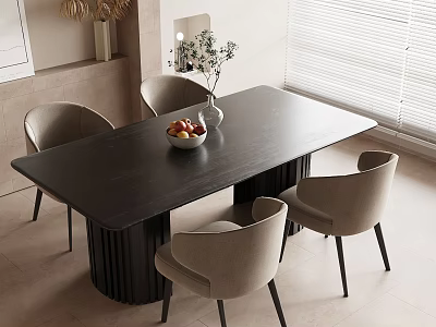 Modern Dark Dining Table Set With Four Light Gray Chairs Fruit Bowl And Vase 3d model
